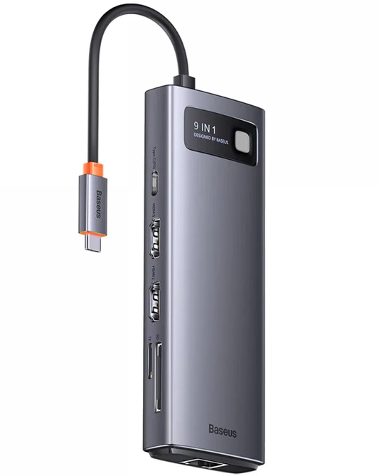 Hub USB-C Baseus Joystar, 2 x USB-A 3.2 - 1 x USB-A - 1 x USB-C - 2 x HDMI - 1 x RJ45 - 1 x SD - 1 x microSD, Szary WKWG060013
