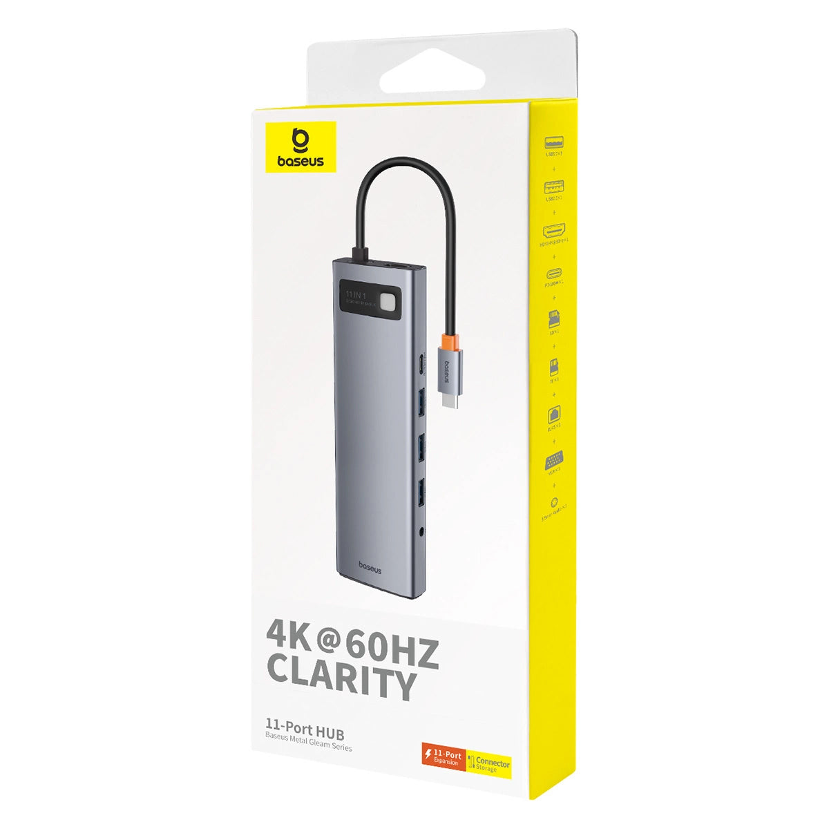 Koncentrator USB-C Baseus Metal Gleam, 1 x USB-C - 3 x USB-A 3.0 - 1 x USB-A 3.0 - 1 x USB-A - 1 x HDMI - 1 x VGA - 1 x jack 3,5 mm - 1 x RJ45 - 1 x SD - 1 x microSD, szary