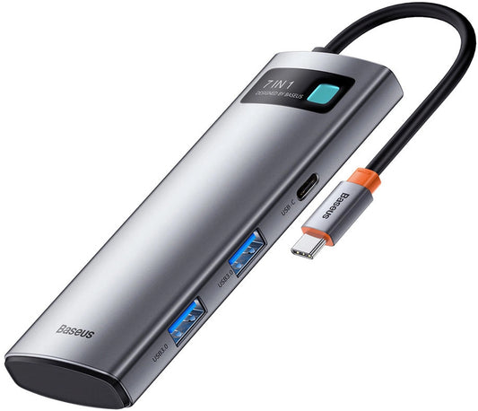 Hub USB-C Baseus Metal Gleam, 2 x USB-A 3.0 - 2 x USB-C - 1 x HDMI - 1 x SD - 1 x microSD, Szary WKWG020113
