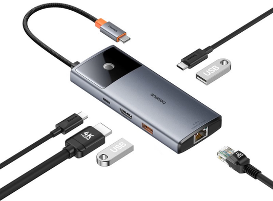 Hub USB-C Baseus Metal Gleam II, 2 x USB-A - 2 x USB-C - 1 x HDMI - 1 x RJ45, Szary B00061802813-00