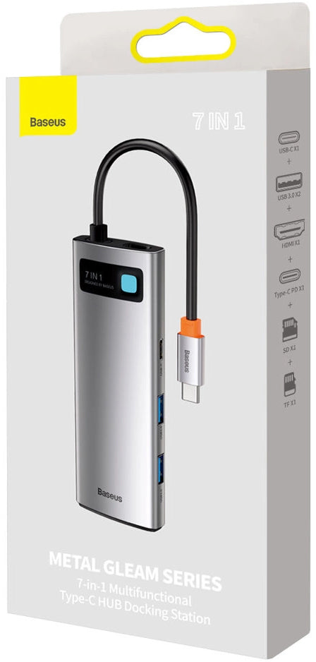 Hub USB-C Baseus Metal Gleam, 2 x USB-A 3.0 - 2 x USB-C - 1 x HDMI - 1 x SD - 1 x microSD, Szary WKWG020113