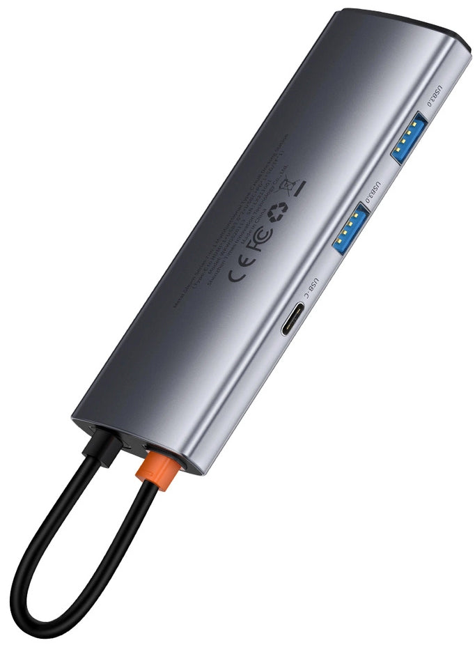 Hub USB-C Baseus Metal Gleam, 2 x USB-A 3.0 - 2 x USB-C - 1 x HDMI - 1 x SD - 1 x microSD, Szary WKWG020113