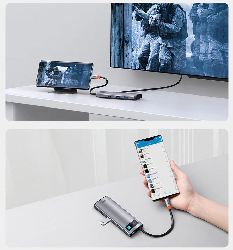 Hub USB-C Baseus Metal Gleam, 2 x USB-A 3.0 - 2 x USB-C - 1 x HDMI - 1 x SD - 1 x microSD, Szary WKWG020113