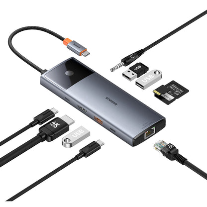 Koncentrator USB-C Baseus Metal Gleam II, 2 x USB-C - 3 x USB-A - 1 x HDMI - 1 x jack 3,5 mm - 1 x RJ45 - 1 x SD - 1 x microSD, szary