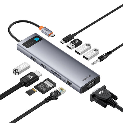 Koncentrator USB-C Baseus Metal Gleam, 1 x USB-C - 3 x USB-A 3.0 - 1 x USB-A 3.0 - 1 x USB-A - 1 x HDMI - 1 x VGA - 1 x jack 3,5 mm - 1 x RJ45 - 1 x SD - 1 x microSD, szary