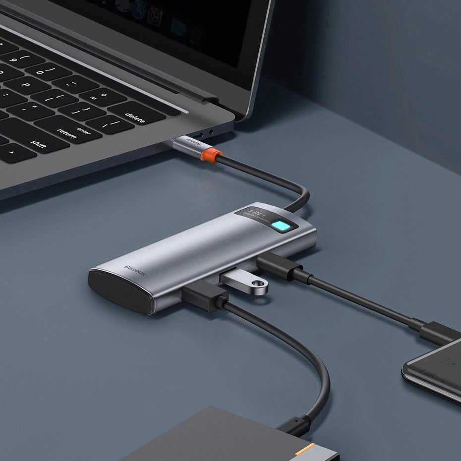 Hub USB-C Baseus Metal Gleam, 2 x USB-A 3.0 - 2 x USB-C - 1 x HDMI - 1 x SD - 1 x microSD, Szary WKWG020113
