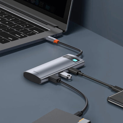 Hub USB-C Baseus Metal Gleam, 2 x USB-A 3.0 - 2 x USB-C - 1 x HDMI - 1 x SD - 1 x microSD, Szary WKWG020113