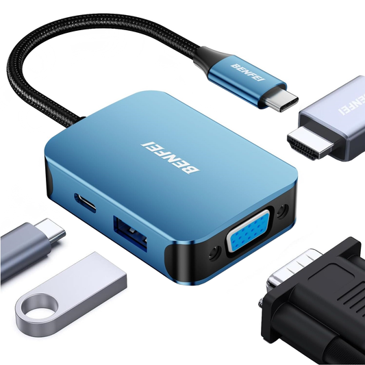 Hub USB-C Benfei, 1 x USB-A 3.0 - 1 x USB-C - 1 x HDMI - 1 x VGA, Niebieski
