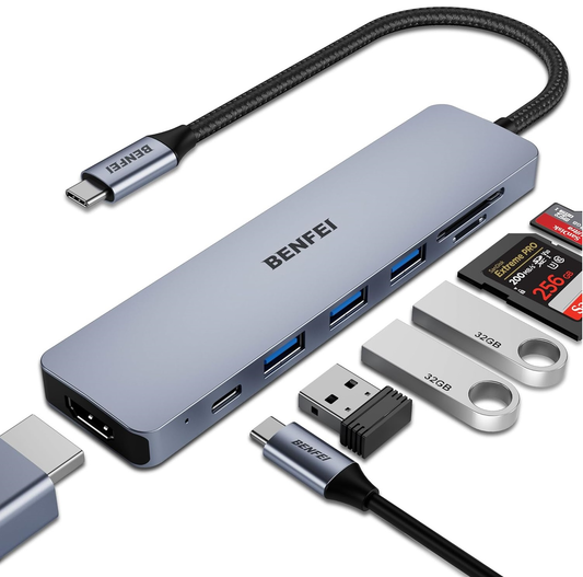 Hub USB-C Benfei, 3 x USB-A 3.0 - 1 x USB-C - 1 x HDMI - 1 x SD - 1 x microSD, Szary