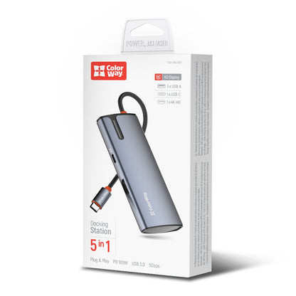 Hub USB-C ColorWay CW-HUB01, 5w1, Srebrny