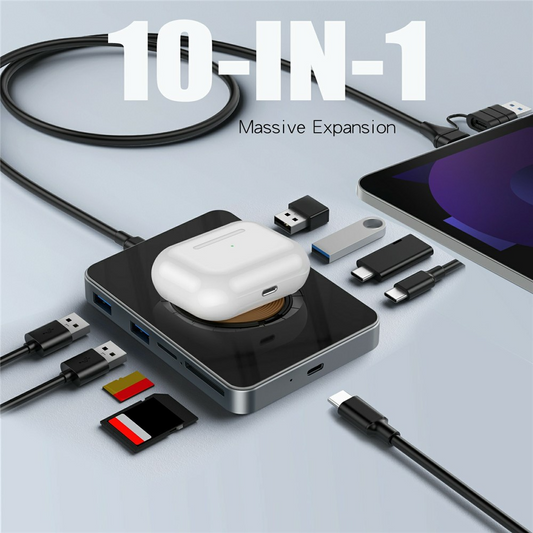 Hub USB-C z ładowaniem bezprzewodowym QI OEM YC7209, 10w1, szary