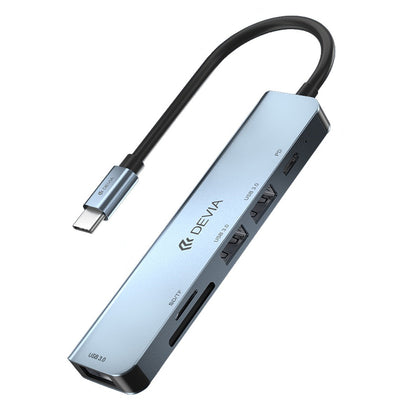 Koncentrator USB-C DEVIA EC135, 3 x USB-A 3.0 - 1 x USB-C - 1 x SD - 1 x microSD, szary