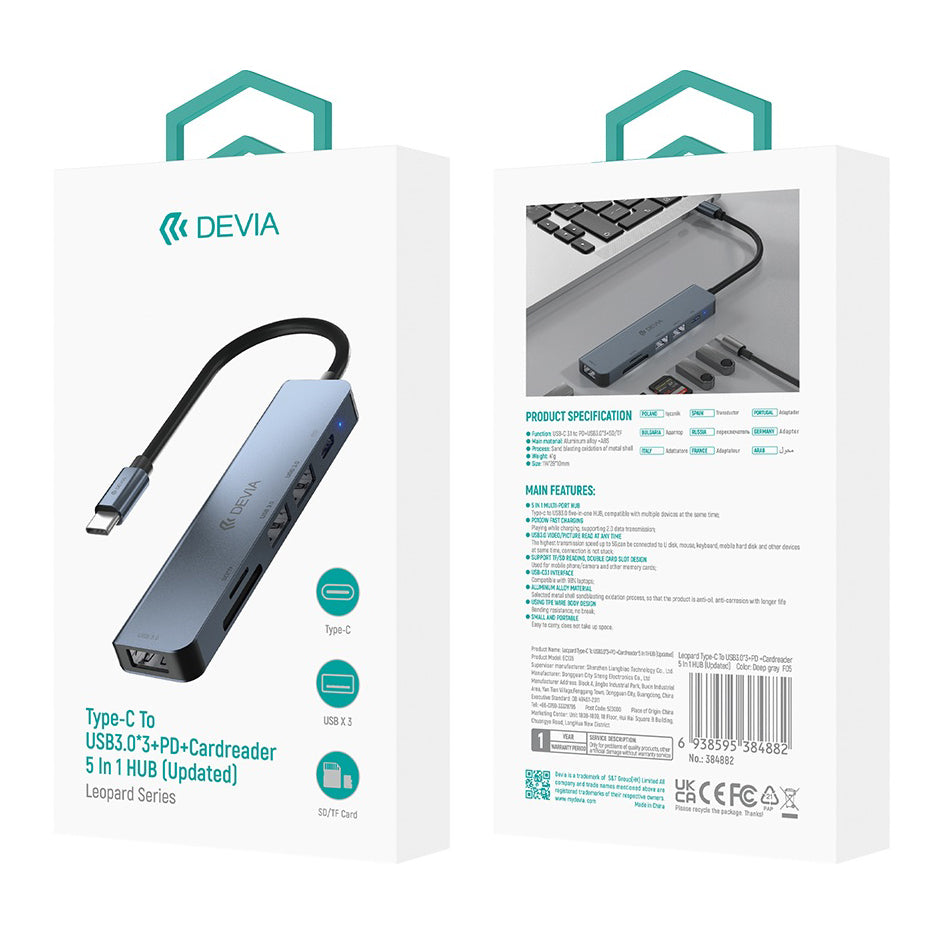 Koncentrator USB-C DEVIA EC135, 3 x USB-A 3.0 - 1 x USB-C - 1 x SD - 1 x microSD, szary