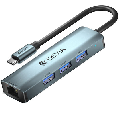 Hub USB-C DEVIA EC621, 3 x USB-A 3.0 - 1 x RJ45, Szary