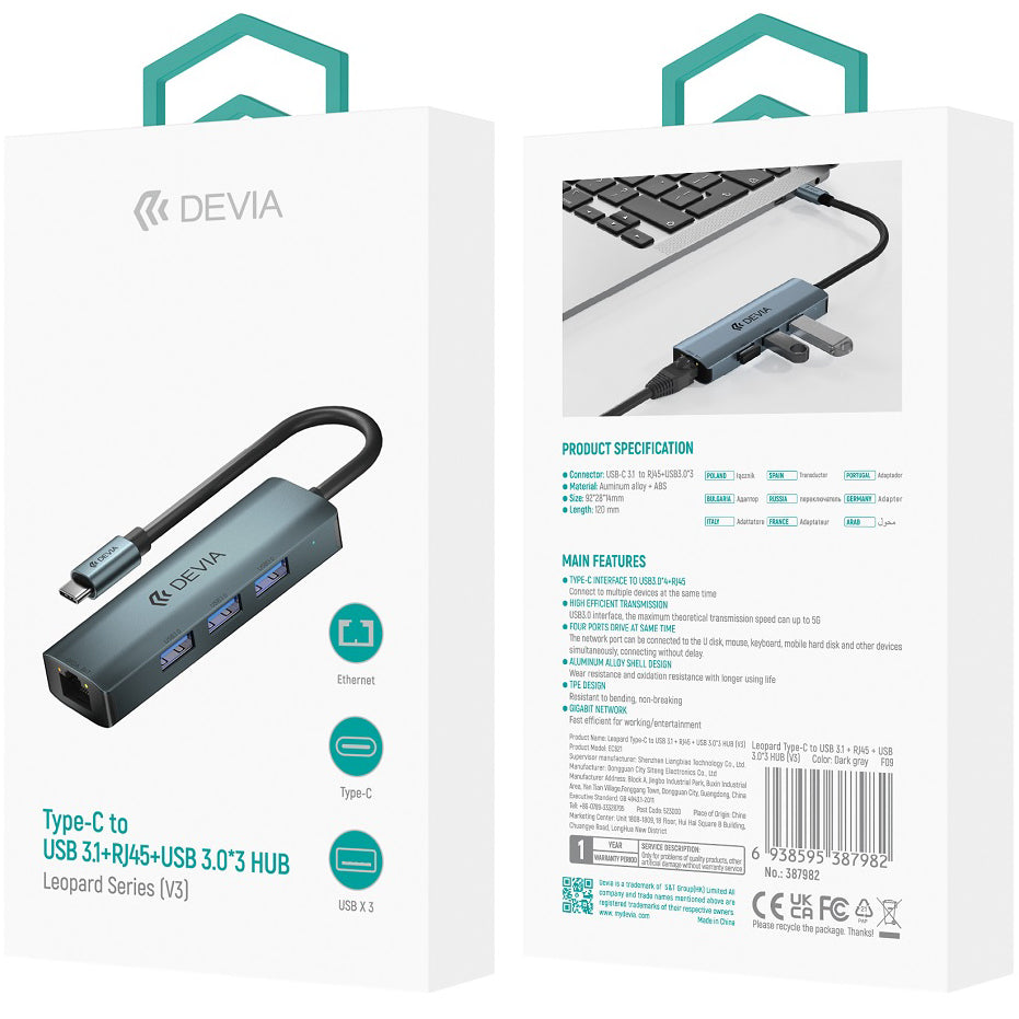 Hub USB-C DEVIA EC621, 3 x USB-A 3.0 - 1 x RJ45, Szary