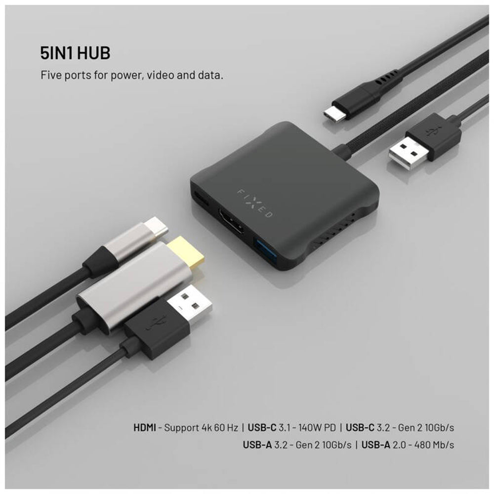 Hub USB-C Fixed Quadri, 5w1, Czarny