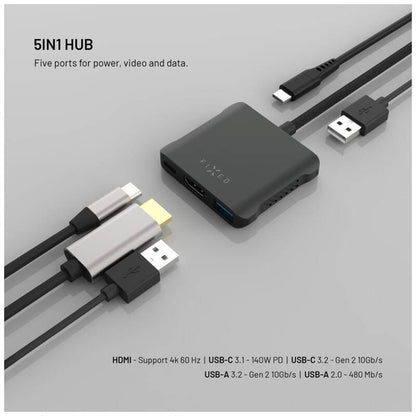 Hub USB-C Fixed Quadri, 5w1, Czarny