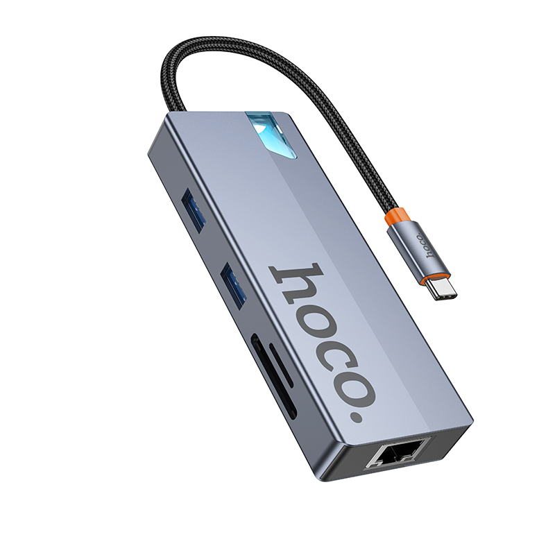Hub USB-C HOCO HB52, 2 x USB-A 3.0 - 2 x USB-C - 1 x HDMI - 1 x RJ45 - 1 x SD - 1 x microSD, Szary