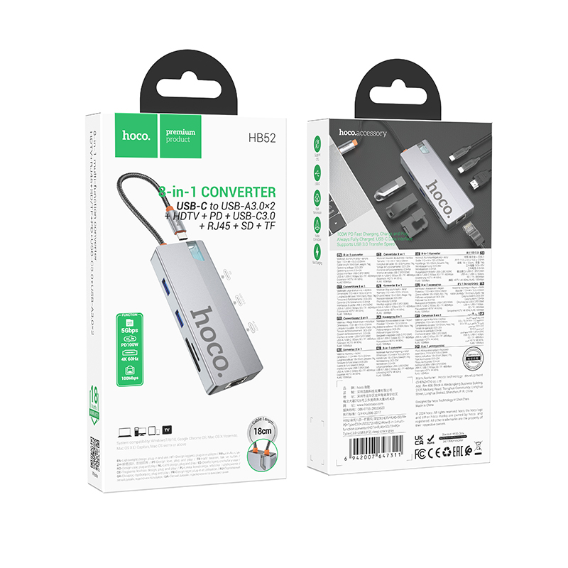 Hub USB-C HOCO HB52, 2 x USB-A 3.0 - 2 x USB-C - 1 x HDMI - 1 x RJ45 - 1 x SD - 1 x microSD, Szary