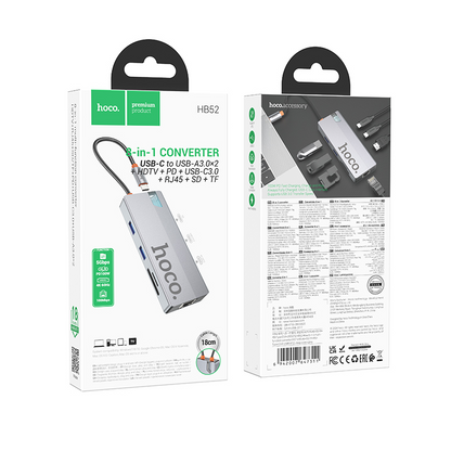Hub USB-C HOCO HB52, 2 x USB-A 3.0 - 2 x USB-C - 1 x HDMI - 1 x RJ45 - 1 x SD - 1 x microSD, Szary