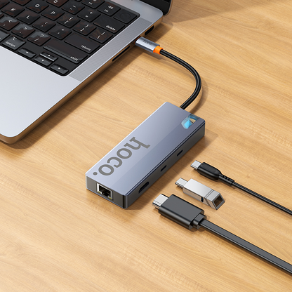 Hub USB-C HOCO HB52, 2 x USB-A 3.0 - 2 x USB-C - 1 x HDMI - 1 x RJ45 - 1 x SD - 1 x microSD, Szary
