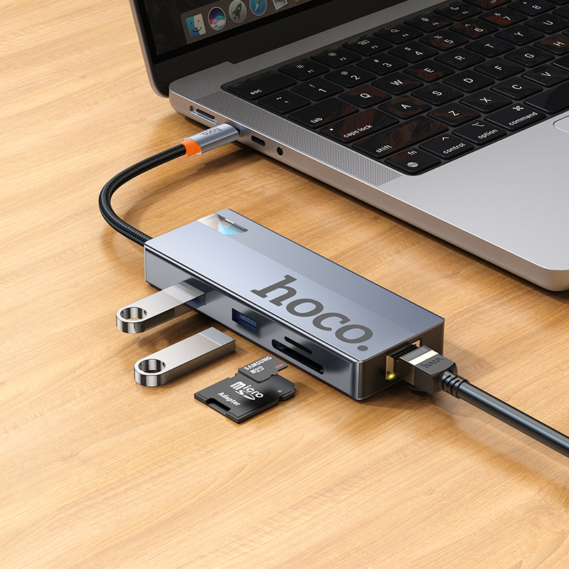 Hub USB-C HOCO HB52, 2 x USB-A 3.0 - 2 x USB-C - 1 x HDMI - 1 x RJ45 - 1 x SD - 1 x microSD, Szary
