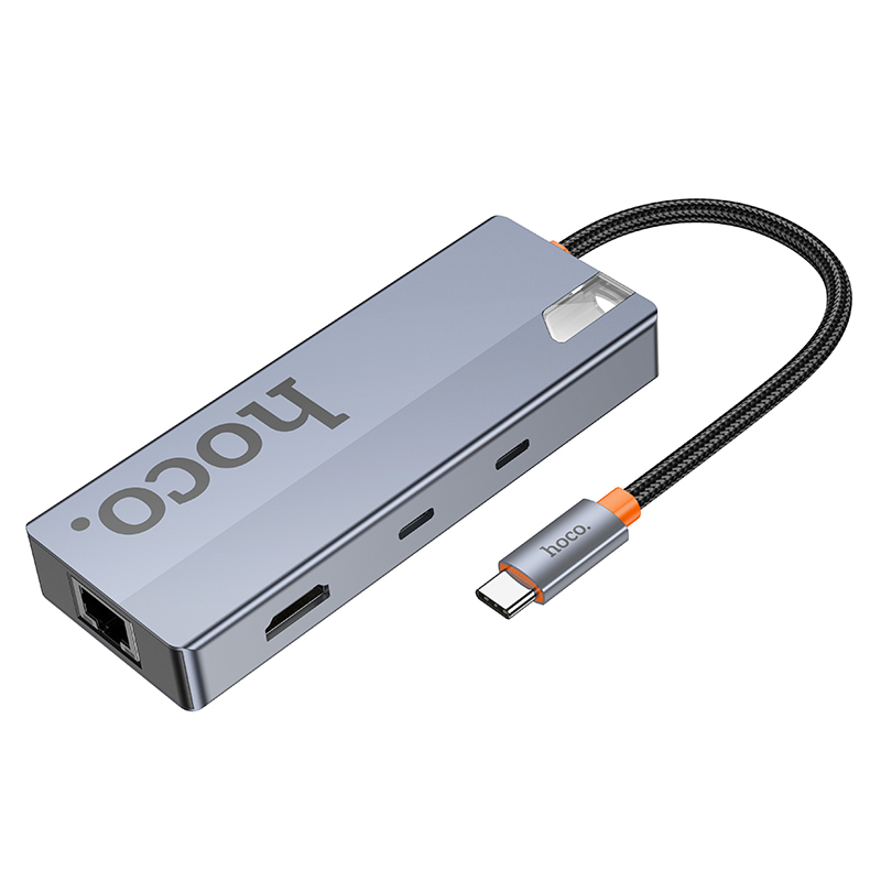 Hub USB-C HOCO HB52, 2 x USB-A 3.0 - 2 x USB-C - 1 x HDMI - 1 x RJ45 - 1 x SD - 1 x microSD, Szary