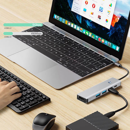 Hub USB-C Tech-Protect HB01, 1 x USB-A 3.0 - 2 x USB-A - 1 x USB-C - 1 x HDMI, Szary