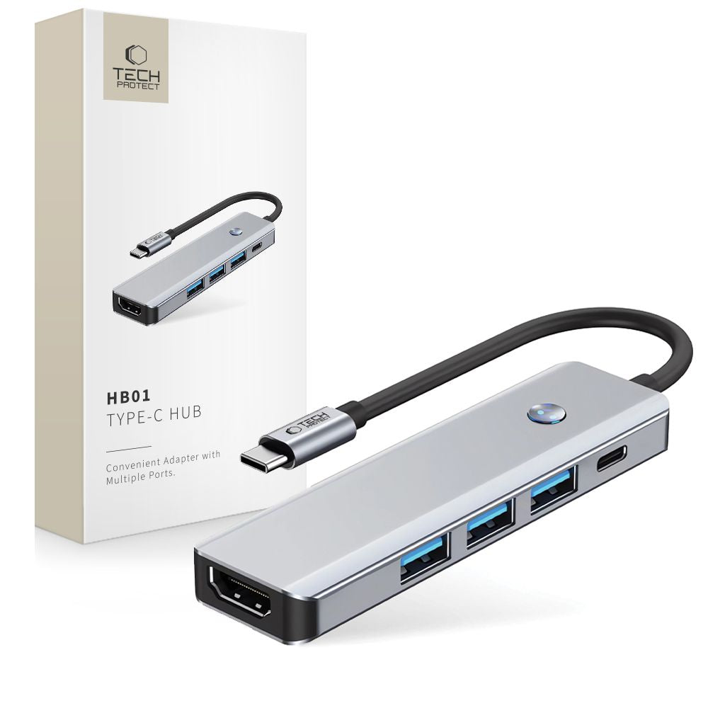 Hub USB-C Tech-Protect HB01, 1 x USB-A 3.0 - 2 x USB-A - 1 x USB-C - 1 x HDMI, Szary