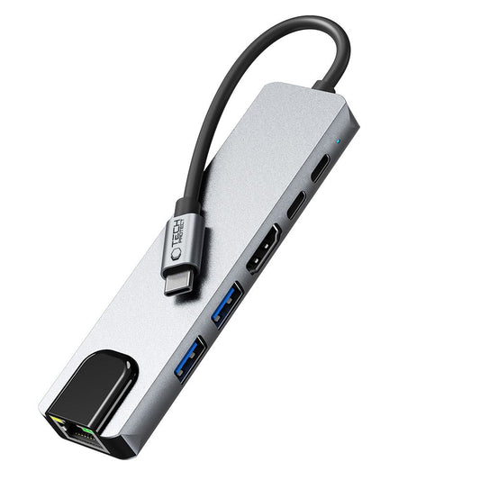 Hub USB-C Tech-Protect HB02, 1 x USB-A 3.0 - 1 x USB-A - 2 x USB-C - 1 x HDMI - 1 x RJ45, Szary