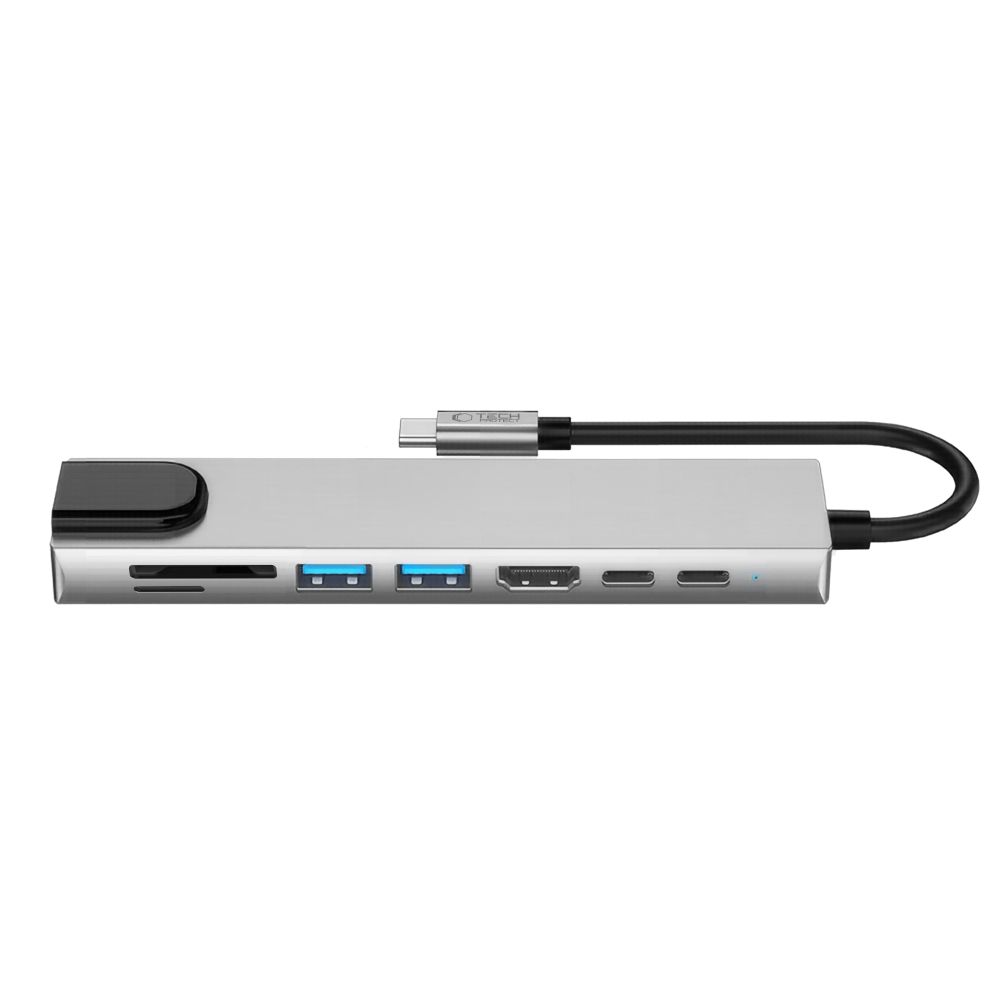 Tech-Protect HB09 USB-C Hub, 2 x USB-A 3.0 - 2 x USB-C - 1 x HDMI - 1 x RJ45 - 1 x SD - 1 x microSD, Gray