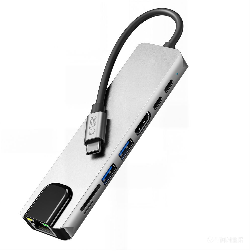 Tech-Protect HB09 USB-C Hub, 2 x USB-A 3.0 - 2 x USB-C - 1 x HDMI - 1 x RJ45 - 1 x SD - 1 x microSD, Gray
