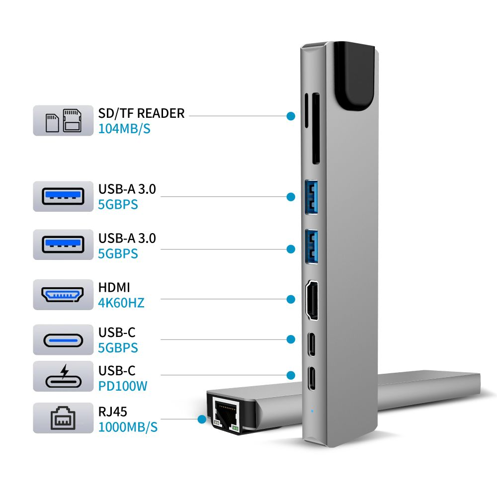 Tech-Protect HB09 USB-C Hub, 2 x USB-A 3.0 - 2 x USB-C - 1 x HDMI - 1 x RJ45 - 1 x SD - 1 x microSD, Gray