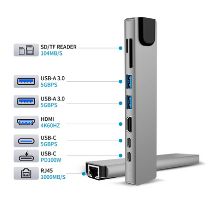 Tech-Protect HB09 USB-C Hub, 2 x USB-A 3.0 - 2 x USB-C - 1 x HDMI - 1 x RJ45 - 1 x SD - 1 x microSD, Gray