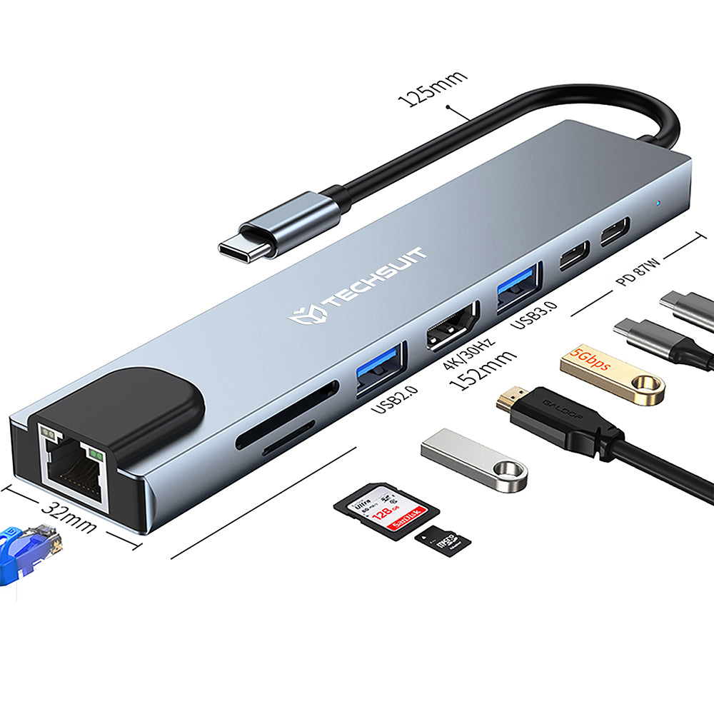 Hub USB-C Techsuit H2 NetBridge, 8w1, Szary
