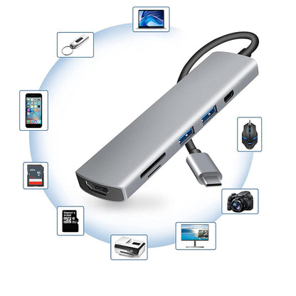 Hub USB-C Techsuit H5 TurboChargeX, 6w1, Szary