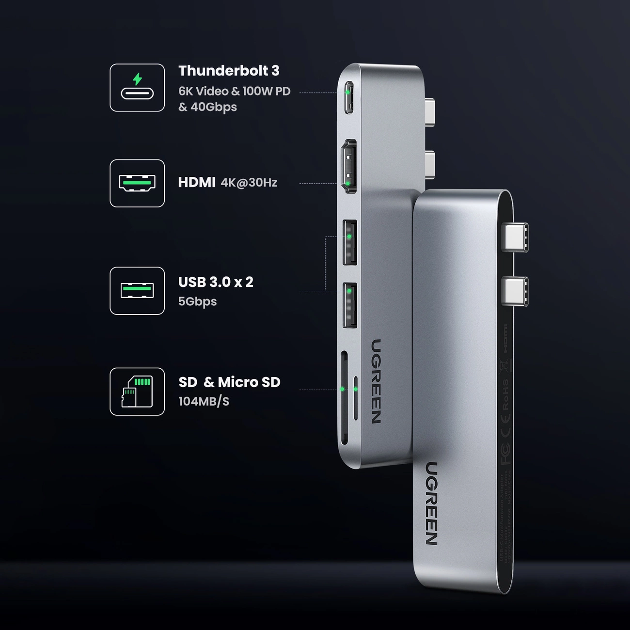 Hub USB-C UGREEN CM380 (80856) dla Apple MacBook Pro / Air Series, 2 x USB-A 3.0 - 1 x USB-C - 1 x HDMI - 1 x SD - 1 x microSD