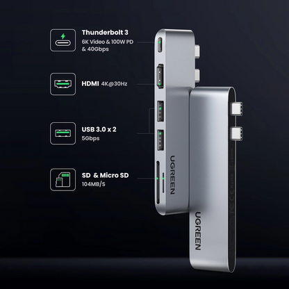 Hub USB-C UGREEN CM380 (80856) dla Apple MacBook Pro / Air Series, 2 x USB-A 3.0 - 1 x USB-C - 1 x HDMI - 1 x SD - 1 x microSD