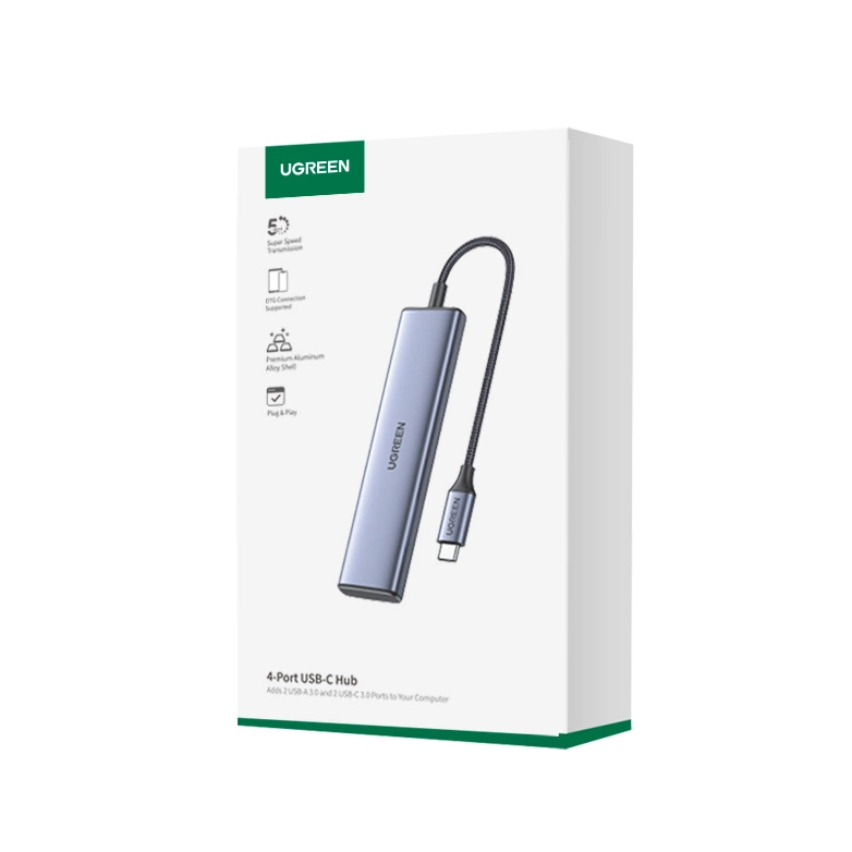 Hub USB-C UGREEN CM473, 2 x USB-A 3.0 - 2 x USB-C, 0,20 cm, Szary