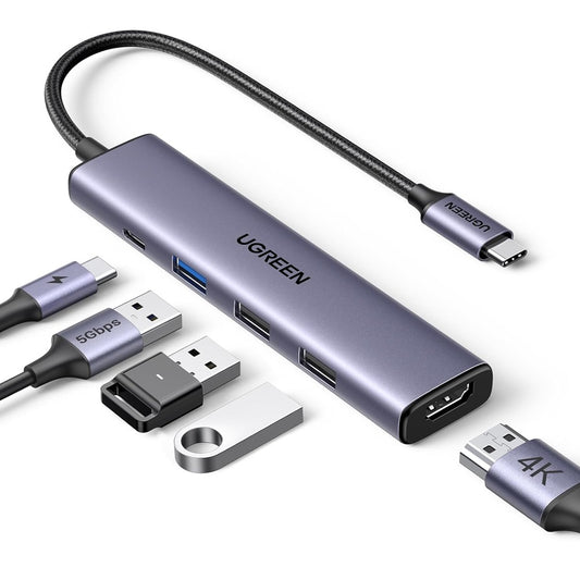 Hub USB-C UGREEN CM478, 1 x USB-A 3.0 - 2 x USB-A - 1 x USB-C - 1 x HDMI, Szary Odnowiony