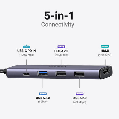 Hub USB-C UGREEN CM478, 1 x USB-A 3.0 - 2 x USB-A - 1 x USB-C - 1 x HDMI, Szary