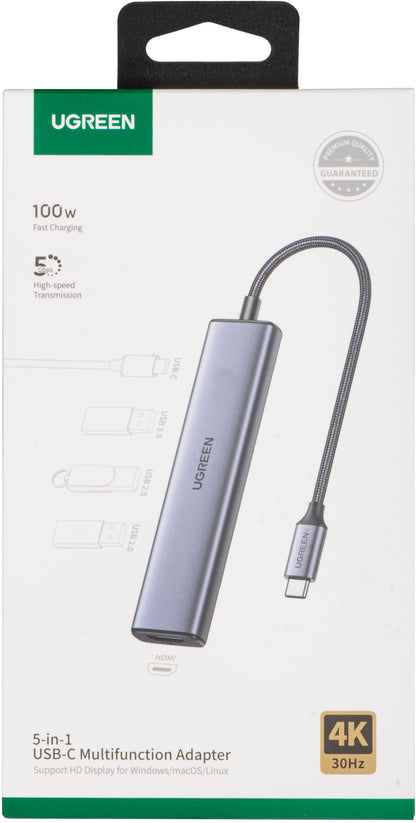 Hub USB-C UGREEN CM478, 1 x USB-A 3.0 - 2 x USB-A - 1 x USB-C - 1 x HDMI, Szary
