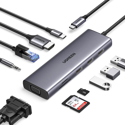 Hub USB-C UGREEN CM498 (15601), 3 x USB-A 3.0 - 1 x USB-C - 1 x HDMI - 1 x VGA - 1 x Jack 3.5mm - 1 x RJ45 - 1 x SD - 1 x microSD, Szary