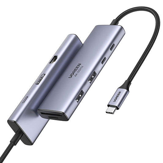 Hub USB-C UGREEN CM498 (15375), 2 x USB-A - 3 x USB-C - 1 x HDMI - 1 x RJ45 - 1 x SD - 1 x microSD, Szary