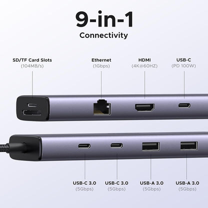 UGREEN CM498 USB-C Hub (15375), 2 x USB-A - 3 x USB-C - 1 x HDMI - 1 x RJ45 - 1 x SD - 1 x microSD, Gray