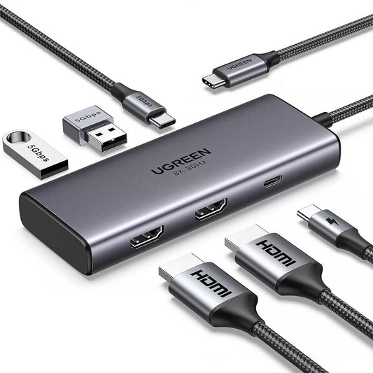 Hub USB-C UGREEN CM498 (15852), 2 x USB-A 3.0 - 2 x USB-C - 2 x HDMI, Szary