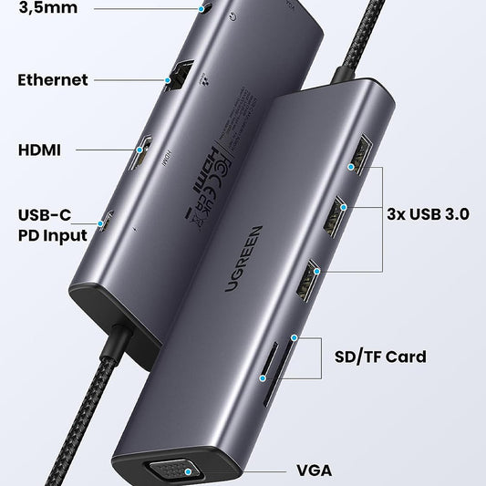 Hub USB-C UGREEN CM498 (15601), 3 x USB-A 3.0 - 1 x USB-C - 1 x HDMI - 1 x VGA - 1 x Jack 3.5mm - 1 x RJ45 - 1 x SD - 1 x microSD, Szary