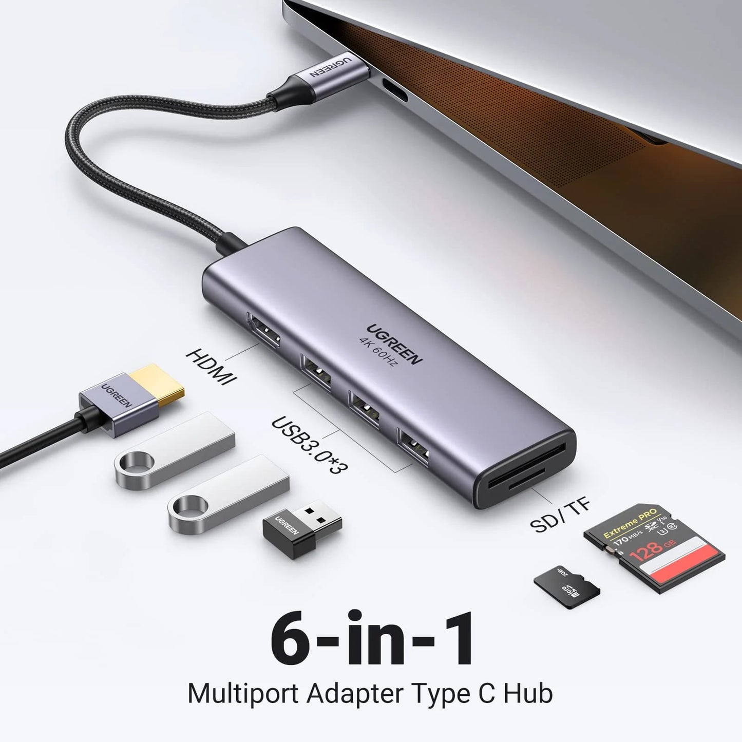 Hub USB-C UGREEN CM511 (60383), 3 x USB-A 3.2 - 1 x HDMI - 1 x SD - 1 x microSD, Szary