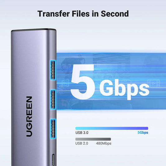 Hub USB-C UGREEN CM511 (15596), 3 x USB-A 3.0 - 1 x USB-C - 1 x HDMI, Szary