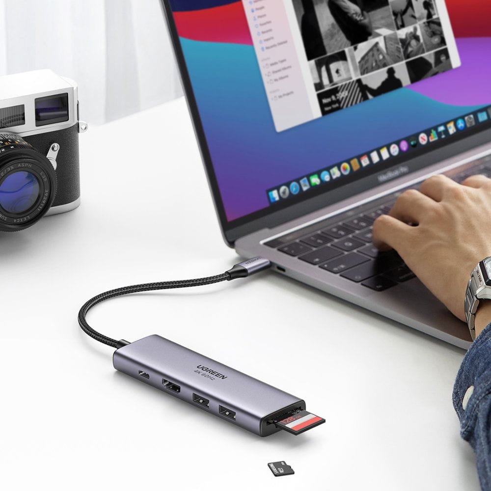 Hub USB-C UGREEN CM511 (60384), 2 x USB-A 3.0 - 1 x USB-C - 1 x HDMI - 1 x SD - 1 x microSD, Szary